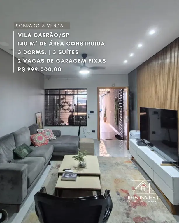 Sobrado à Venda: Vila Carrão, 3 Quartos, 3 Suítes,2 Vagas por R$ 999.000,00.