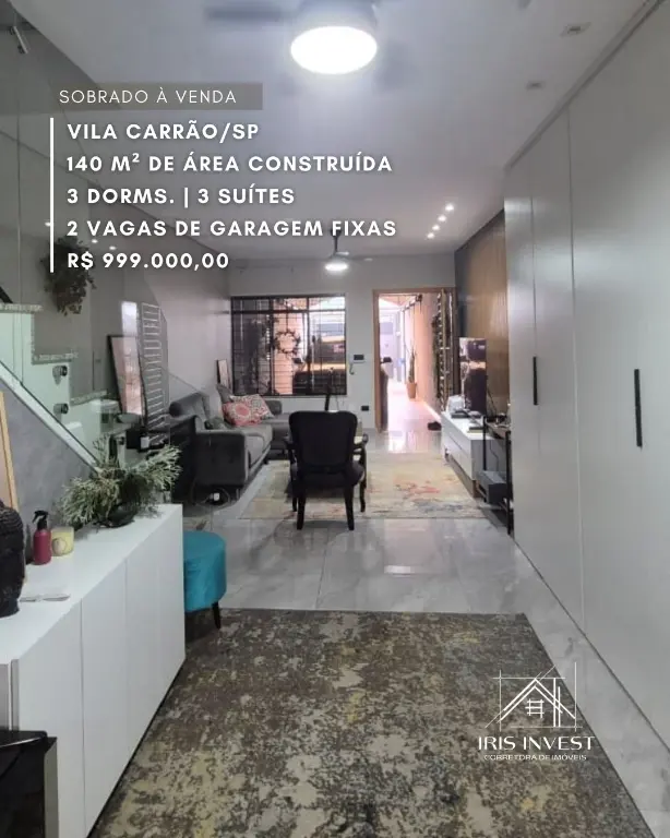 Sobrado à Venda: Vila Carrão, 3 Quartos, 3 Suítes,2 Vagas por R$ 999.000,00.