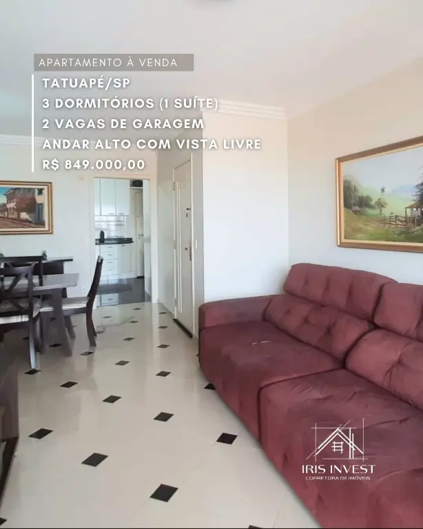 Apartamento à Venda: Tatuapé, 3 Quartos, 1 Suíte,2 Vaga por R$ 870.000,00.