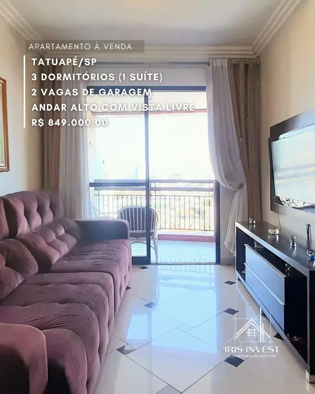 Apartamento à Venda: Tatuapé, 3 Quartos, 1 Suíte,2 Vaga por R$ 870.000,00.
